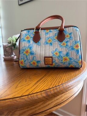 Dooney & Bourke Plumeria Stachelwith Blue and Yellow Floral Print and Brown Trim